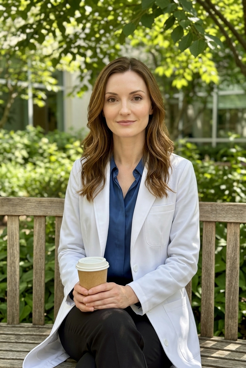 Dr. Hannah Griffin, wearing a white coat, seated on a bench in a landscaped courtyard outside the clinic.